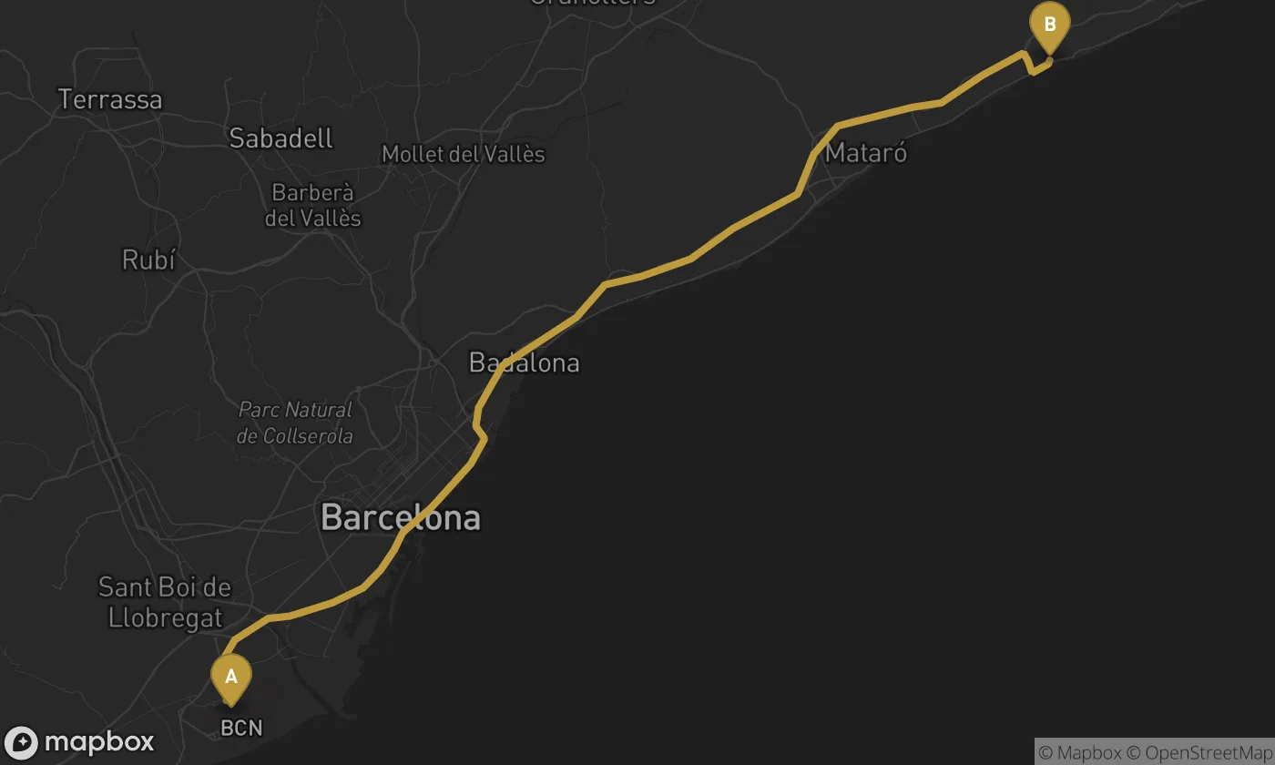 Barcelona Airport ⇄ Arenys de Mar route map