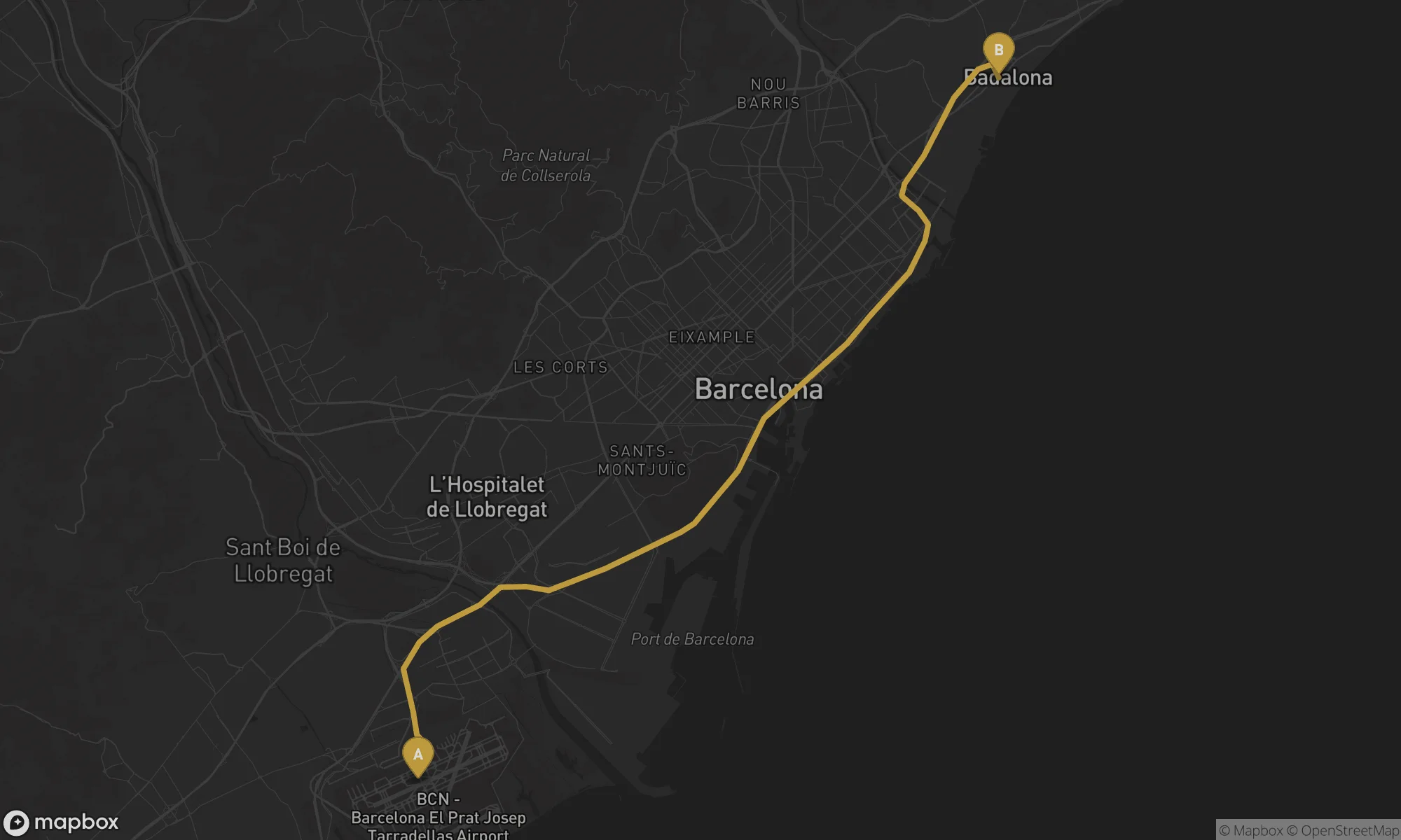 Barcelona Airport BCN ⇄ Badalona route map