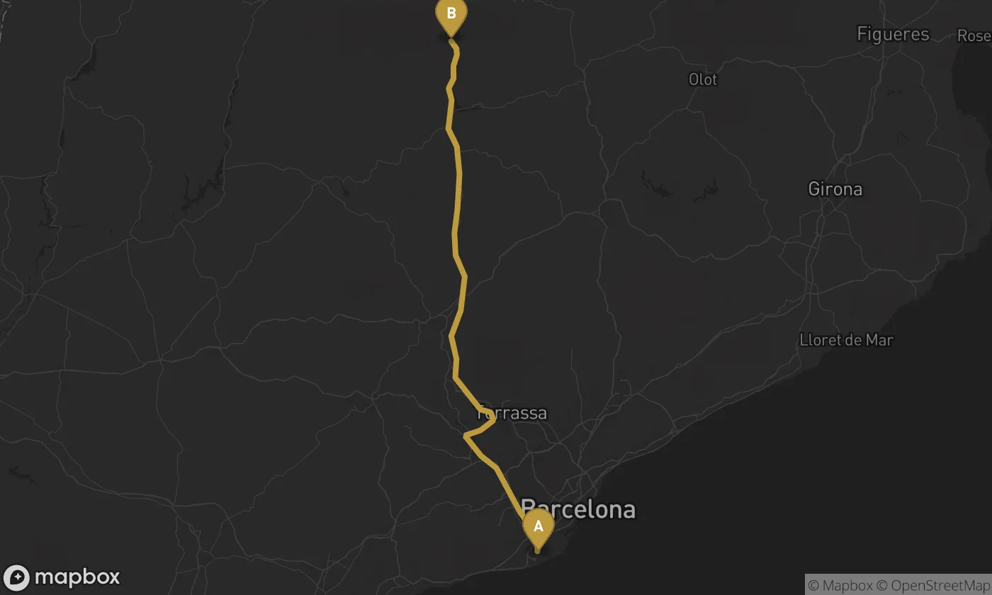 Barcelona Airport ⇄ Bagà route map