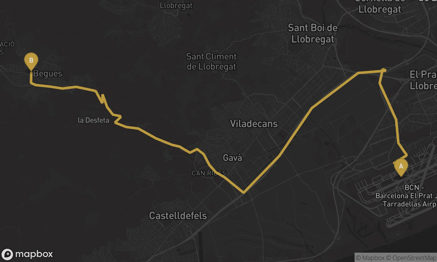 Barcelona Airport ⇄ Begues route map