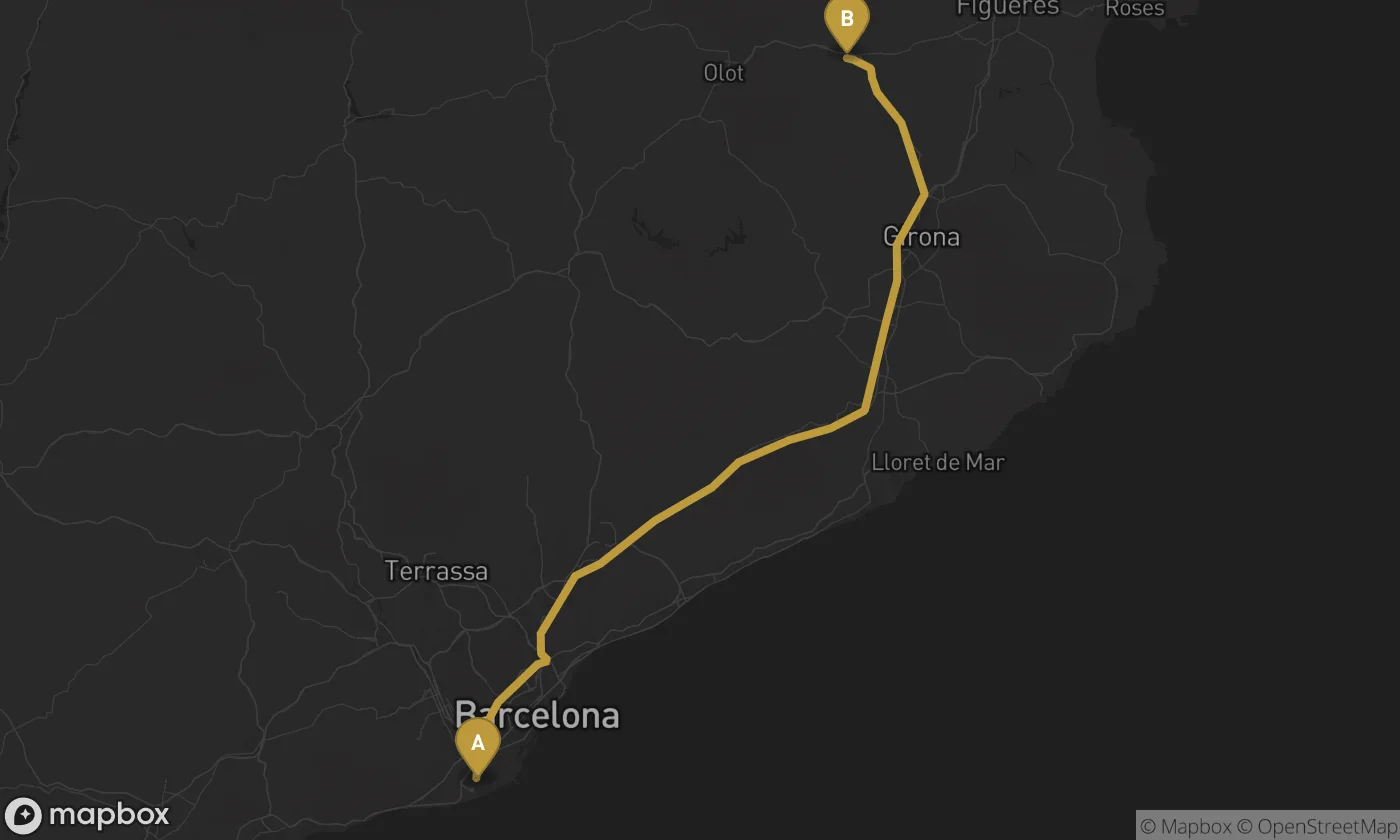 Barcelona Airport ⇄ Besalú route map
