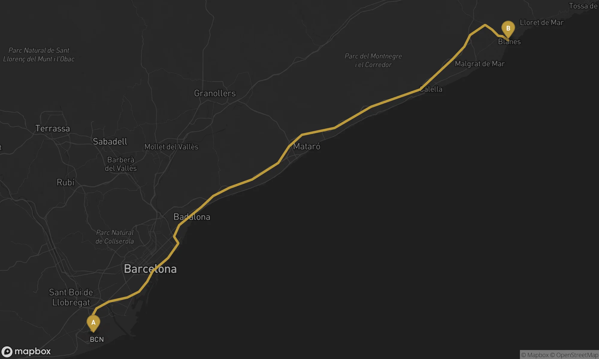 Barcelona Airport ⇄ Blanes route map