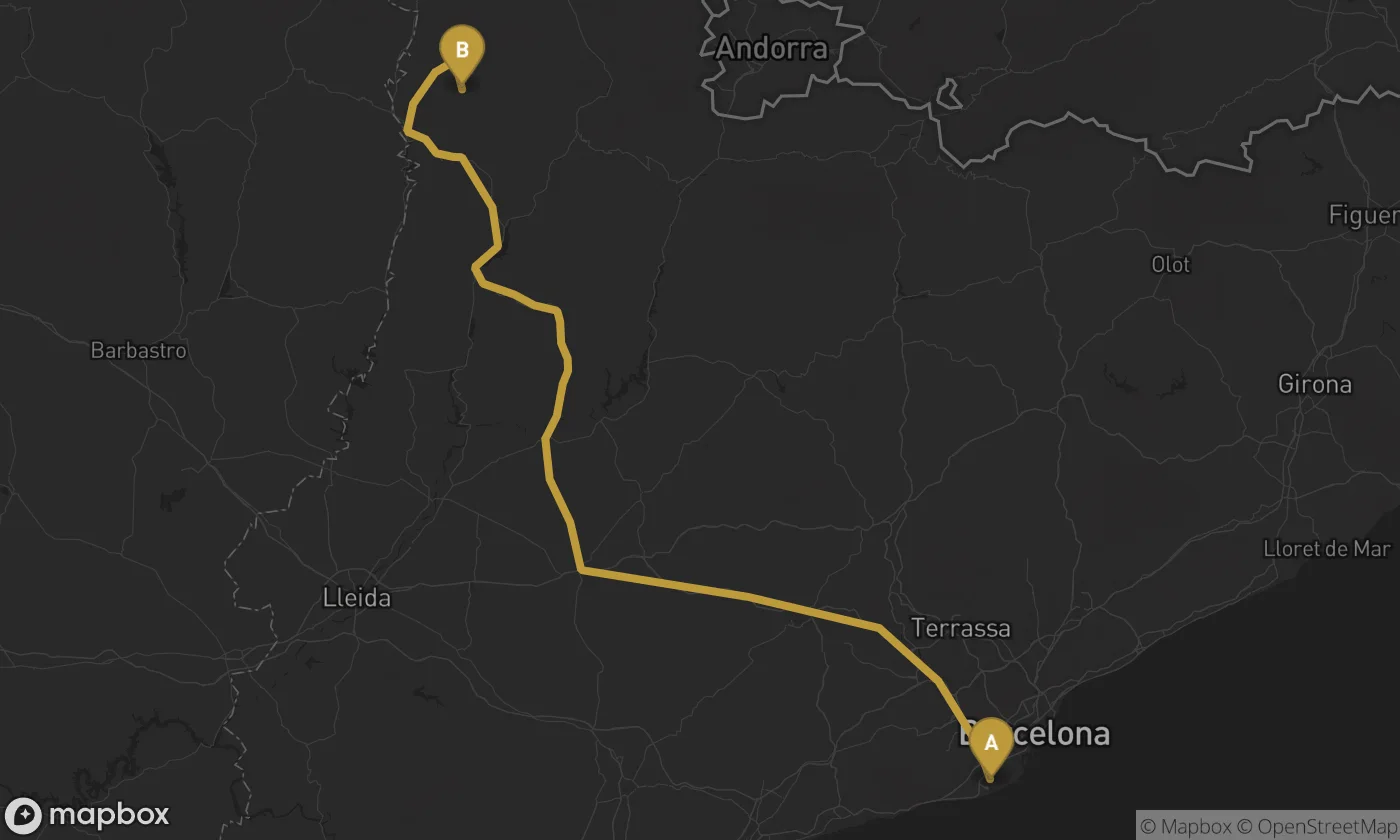 Barcelona Airport ⇄ Boí Taüll route map
