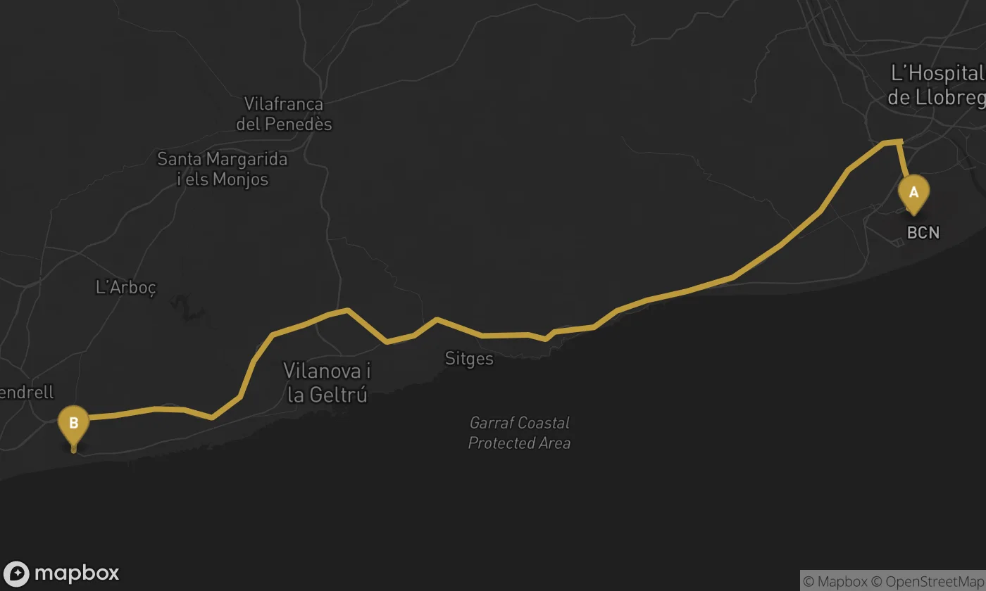 Barcelona Airport ⇄ Calafell route map
