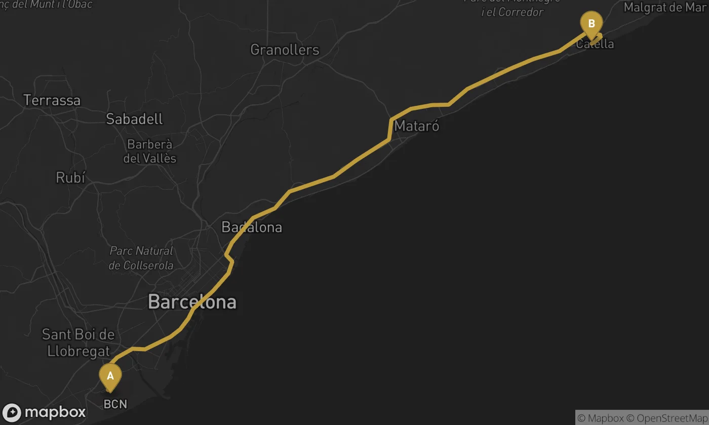 Barcelona Airport ⇄ Calella route map
