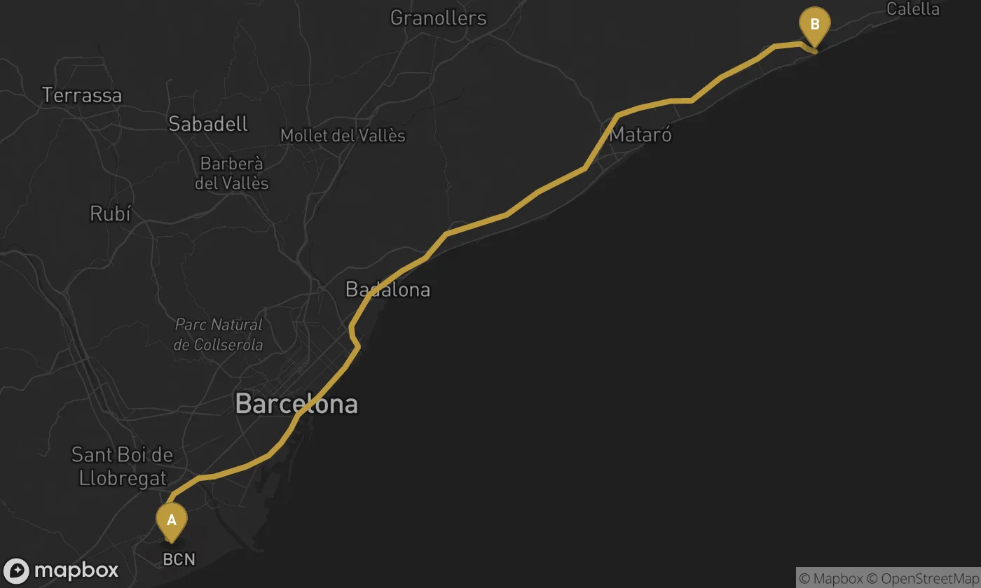 Barcelona Airport ⇄ Canet de Mar route map