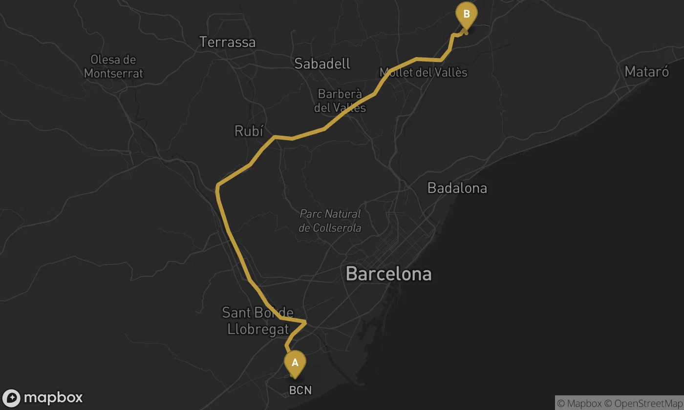 Barcelona Airport ⇄ Circuito de Barcelona-Cataluña route map