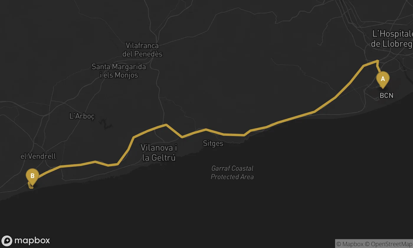 Barcelona Airport ⇄ Coma-ruga route map