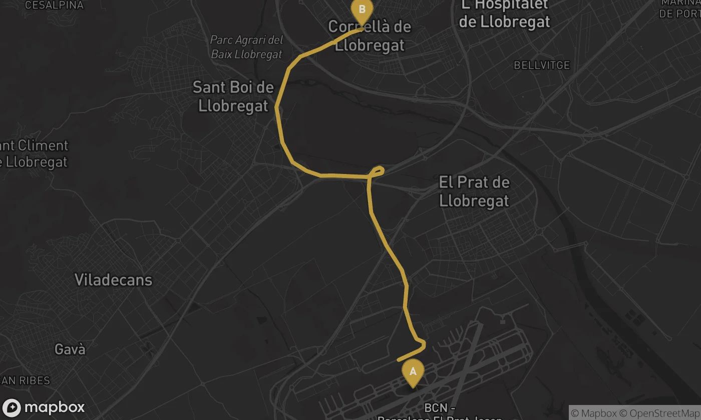 Barcelona Airport ⇄ Cornellà de Llobregat route map