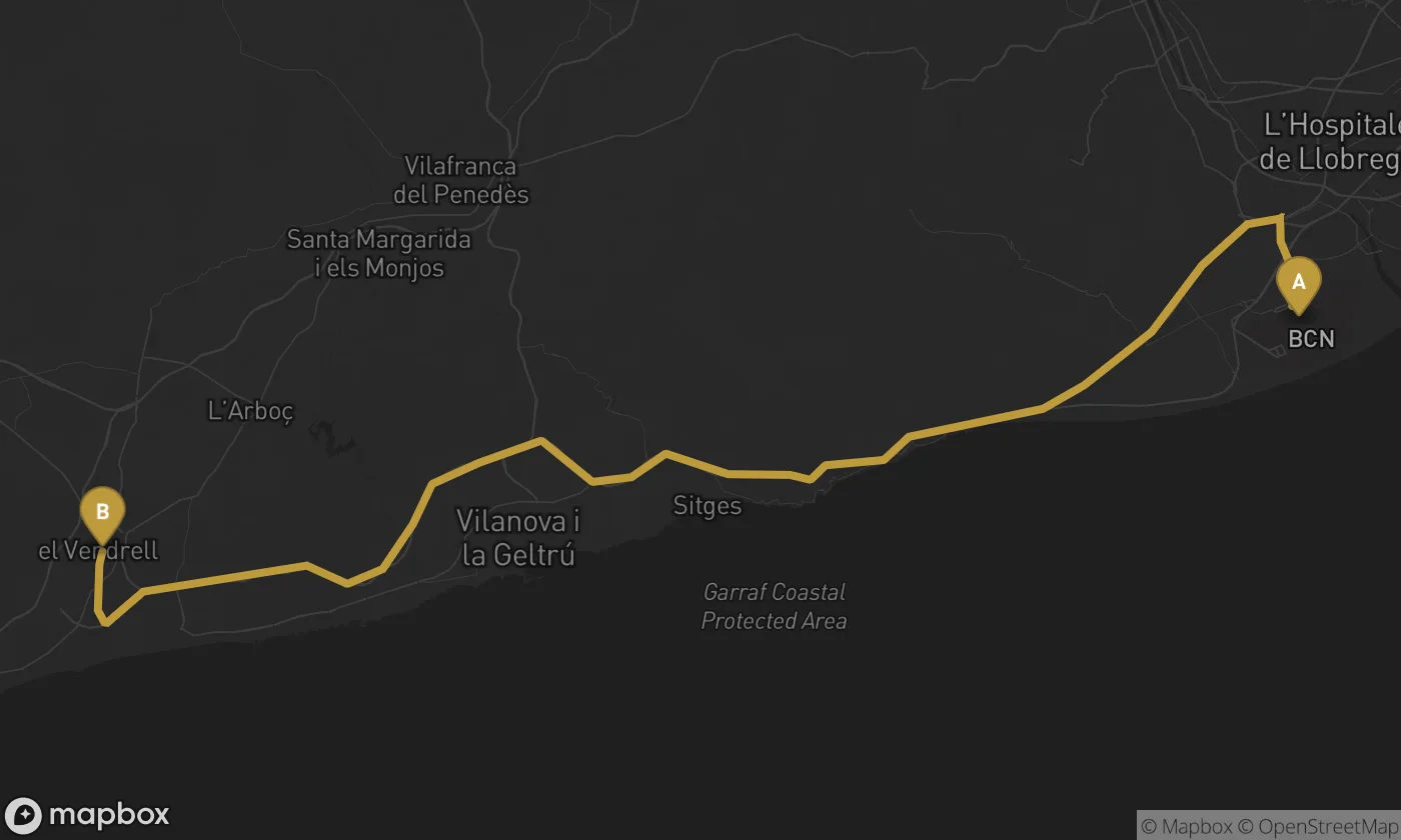 Barcelona Airport ⇄ El Vendrell route map