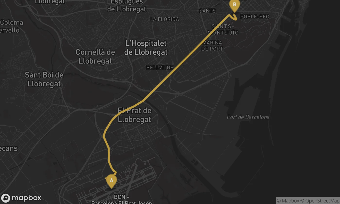 Barcelona Airport ⇄ Feria de Barcelona (Montjuic) route map