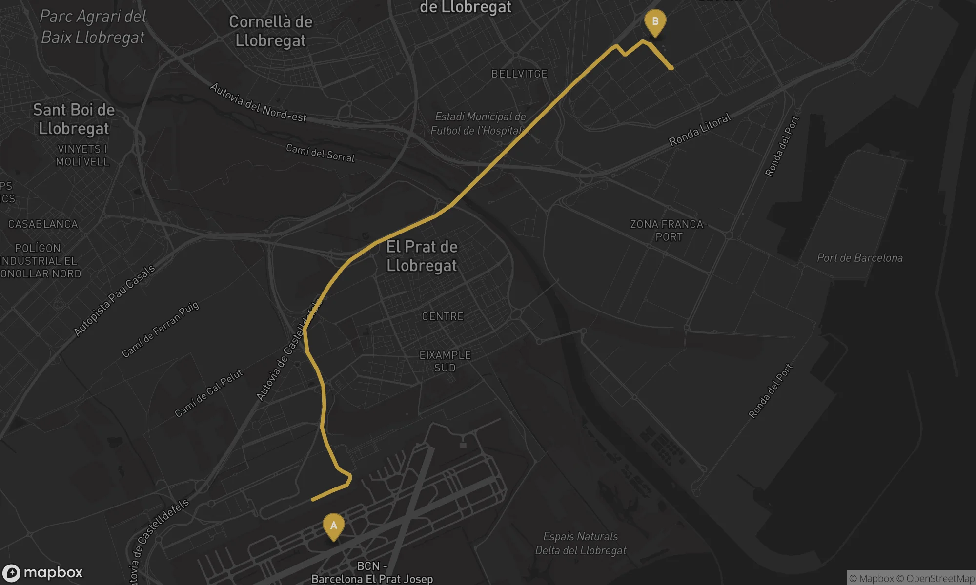 Barcelona Airport to Fira Barcelona Gran Via transfer route map