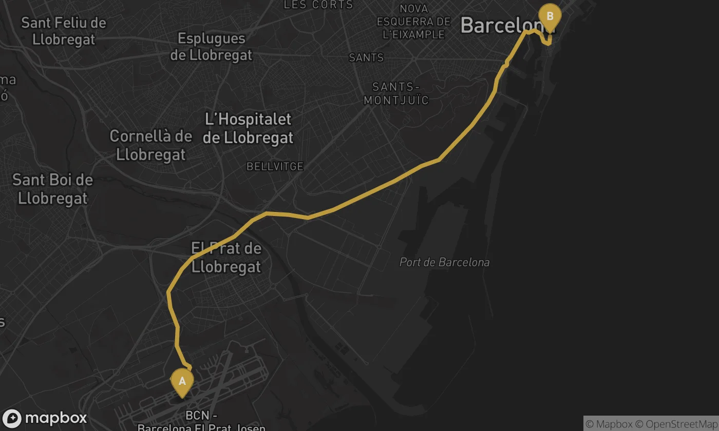 Barcelona Airport ⇄ La Barceloneta route map