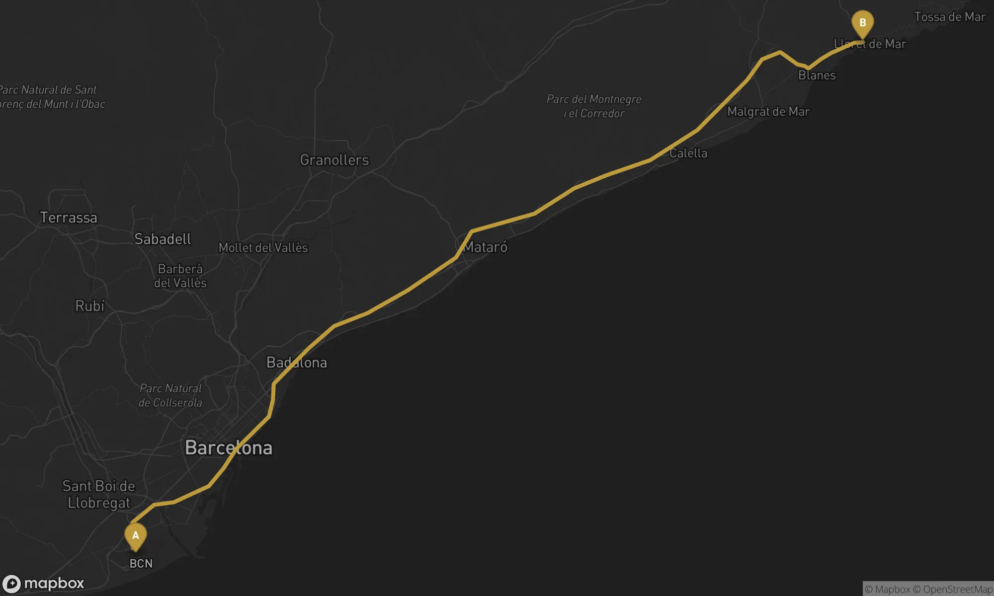 Barcelona Airport BCN ⇄ Lloret de Mar route map