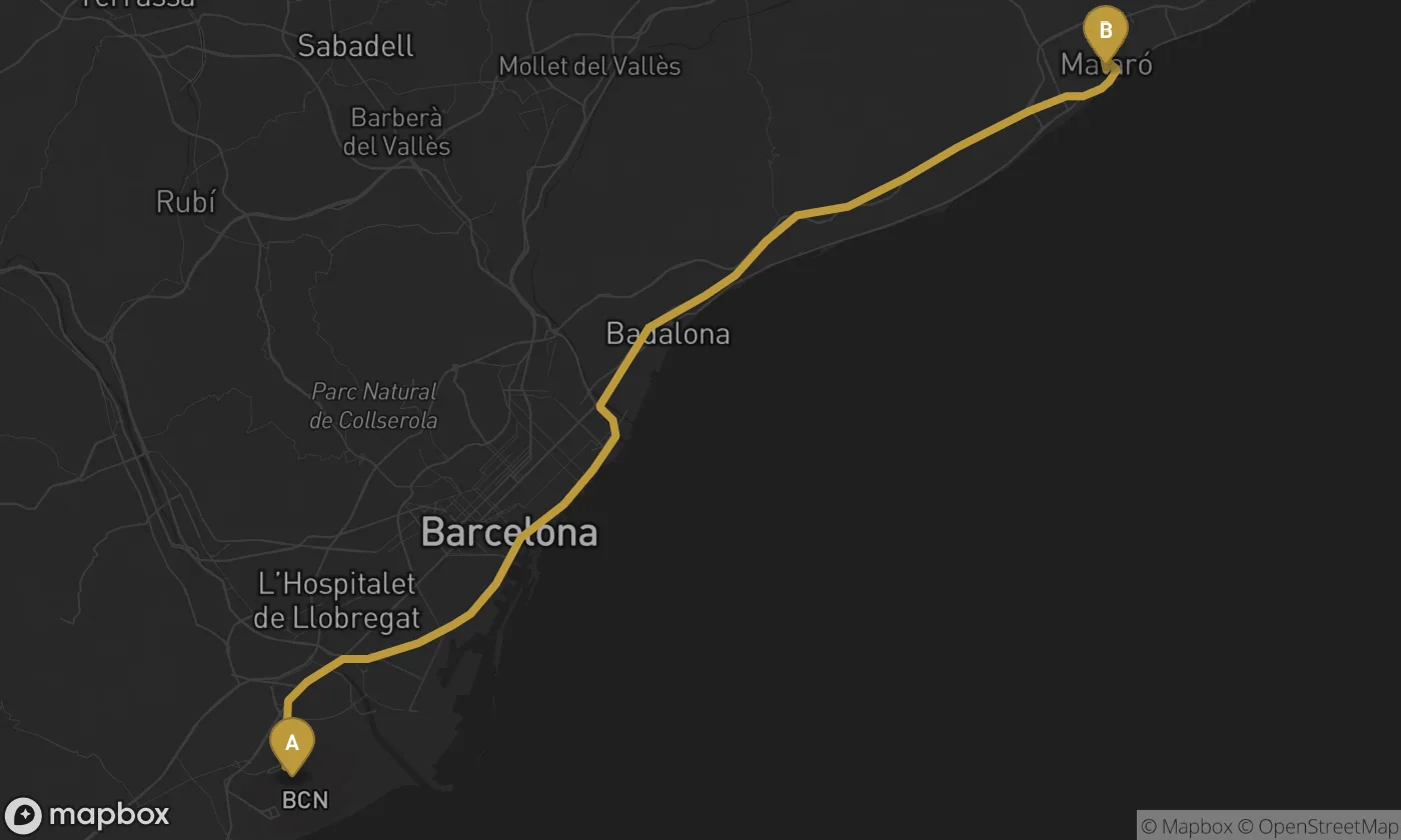Barcelona Airport ⇄ Mataró route map