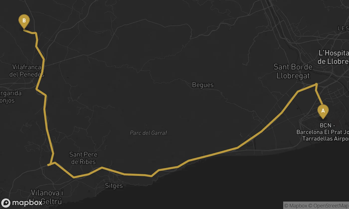 Barcelona Airport ⇄ Penedes Wine Region Spain route map