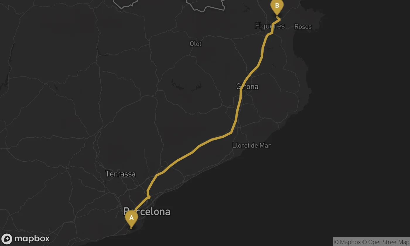 Barcelona Airport ⇄ Peralada route map