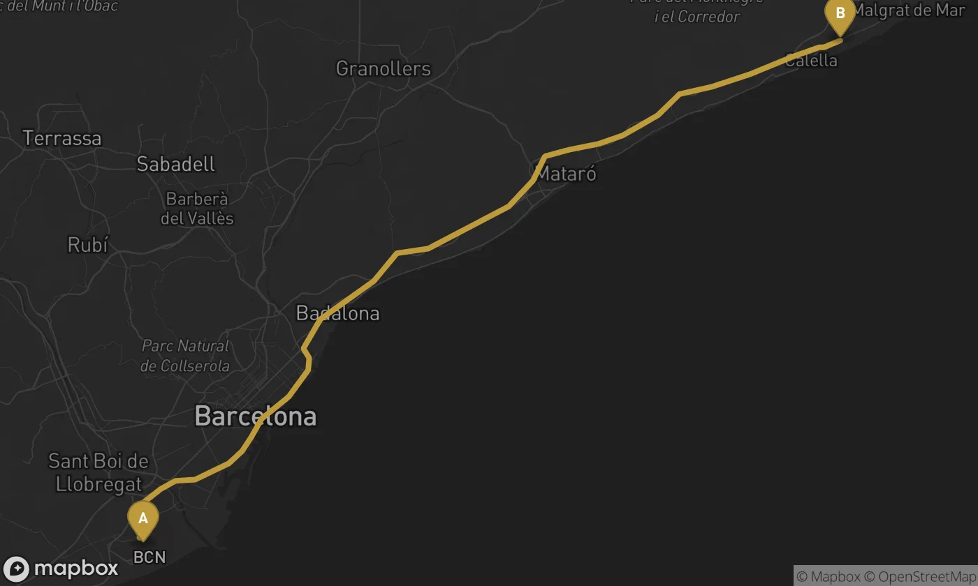 Barcelona Airport ⇄ Pineda de Mar route map
