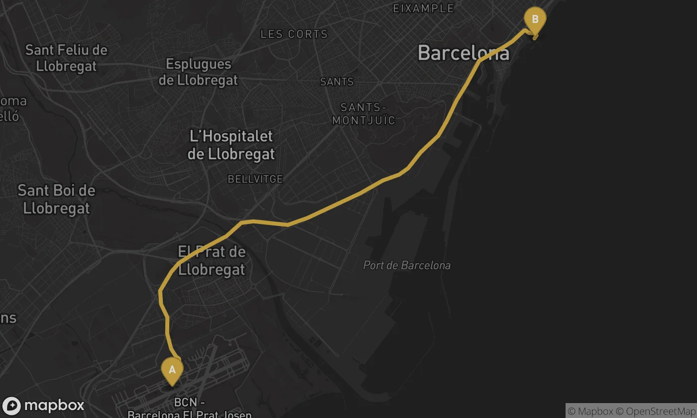 Barcelona Airport ⇄ Port Olímpic route map