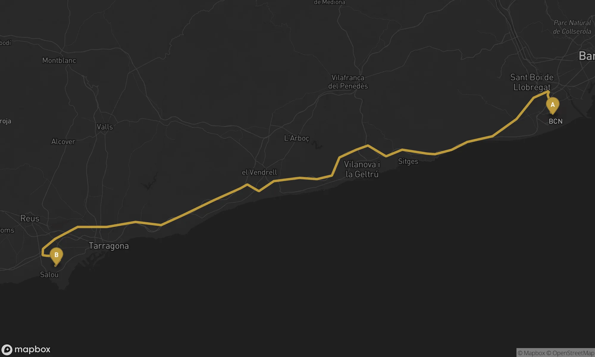 Barcelona Airport ⇄ PortAventura World route map