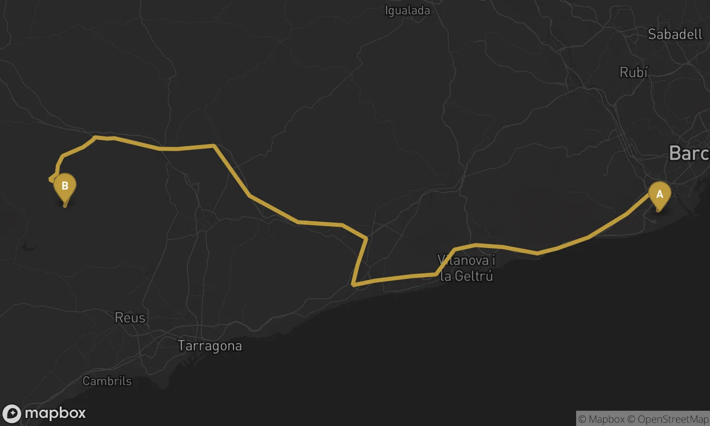 Barcelona Airport ⇄ Prades route map
