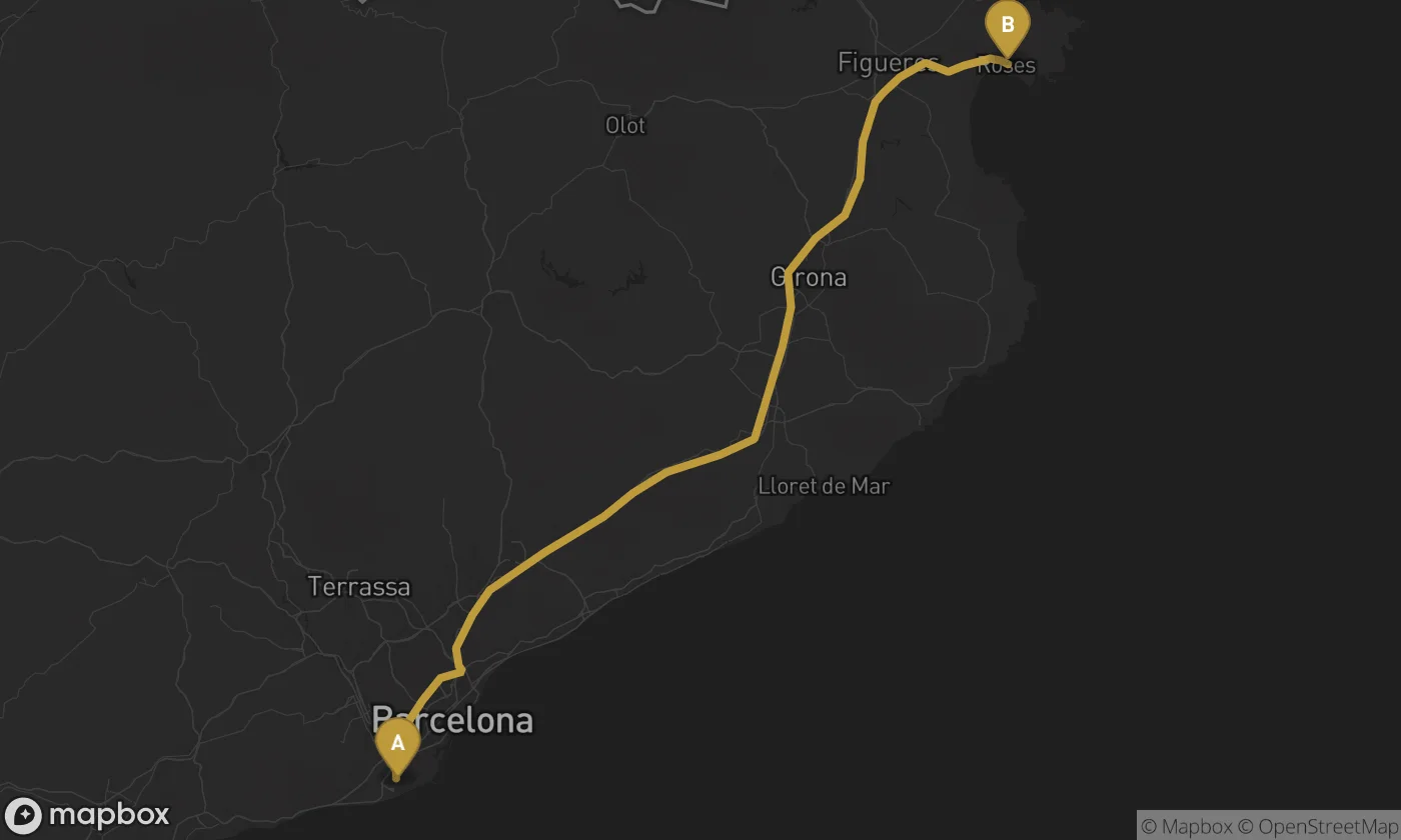 Barcelona Airport ⇄ Roses route map