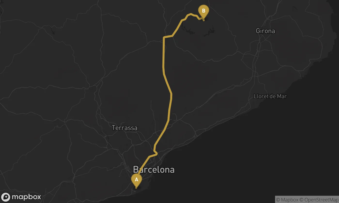Barcelona Airport ⇄ Rupit route map