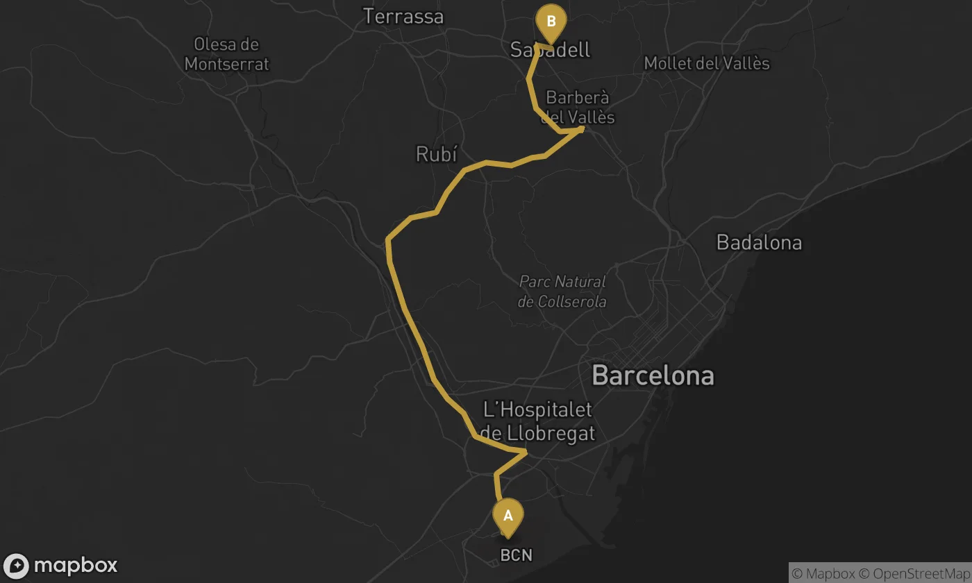 Barcelona Airport ⇄ Sabadell route map