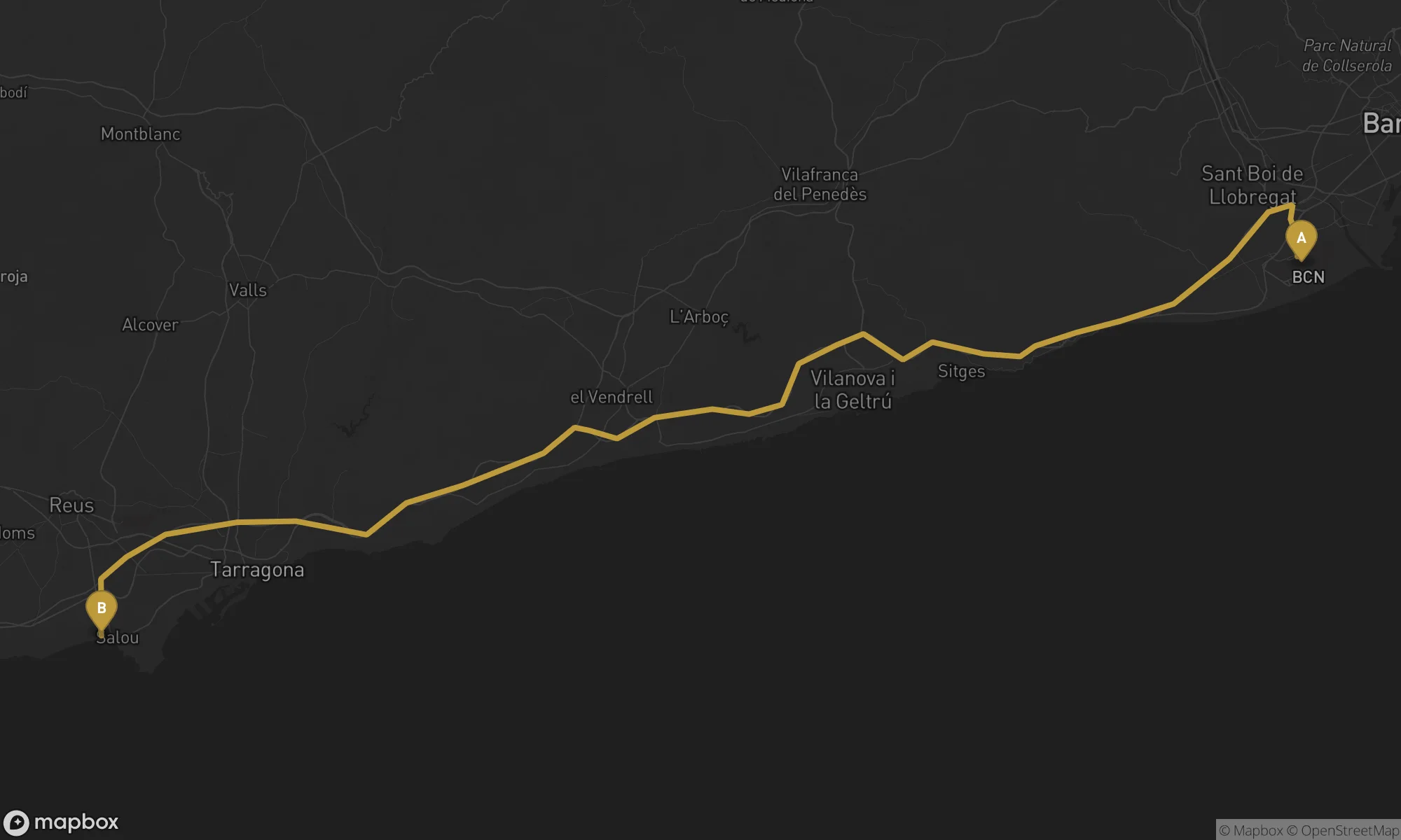 Barcelona Airport BCN ⇄ Salou route map