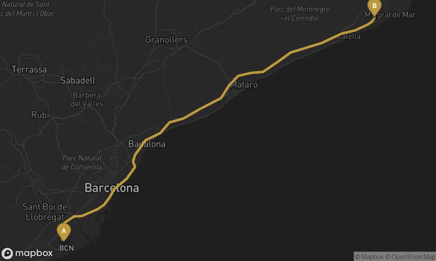 Barcelona Airport ⇄ Santa Susanna route map