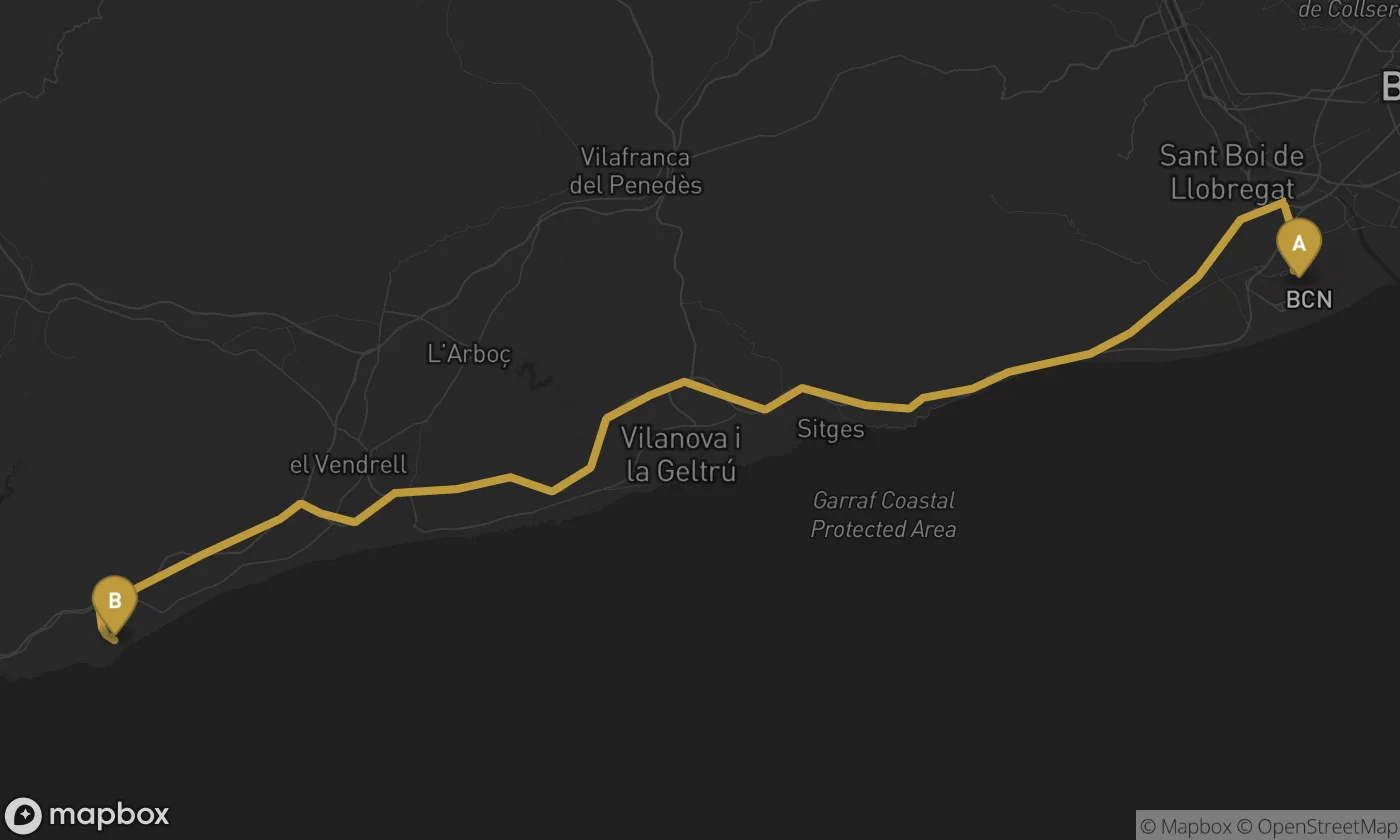 Barcelona Airport ⇄ Torredembarra route map