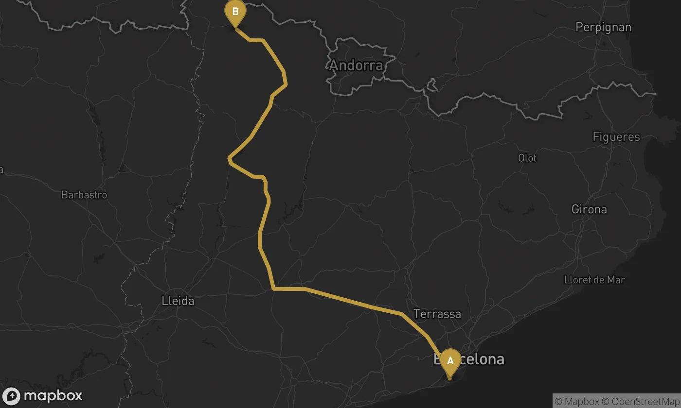 Barcelona Airport ⇄ Vaquèira-Beret route map
